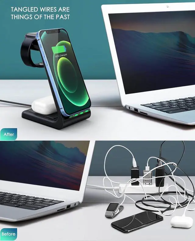 Alt view image 6 of 7 - 3 in 1 Wireless Charging Station, 2026 Upgraded Fast Desk Charger Station for iPhone 17 16 15 14 13 12 Pro Max Plus, Charger Stand for Apple Watch 10 9 8 7 6 5 4 3 2 SE, Airpods 4 3 2 Pro(Black)