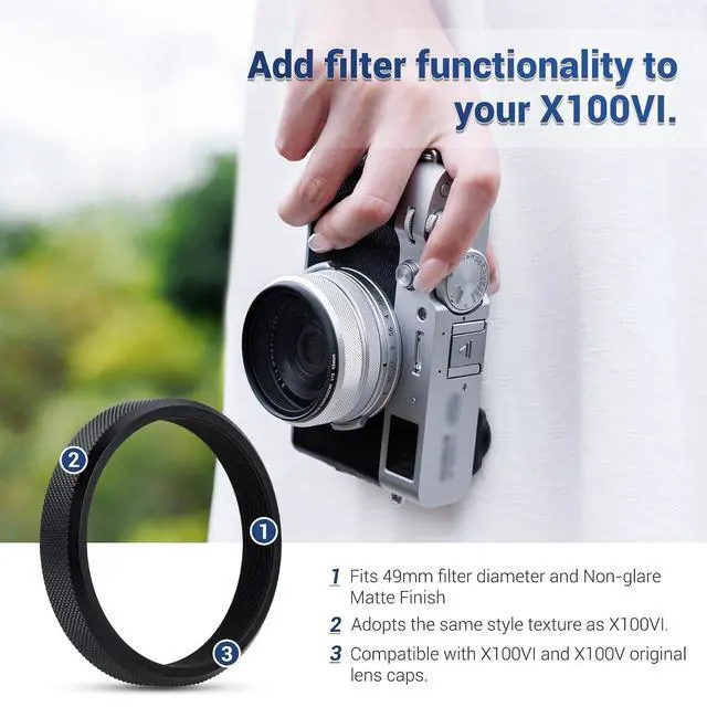 Alt view image 3 of 7 - Deluxe Lens Filter Adapter Ring for Fujifilm X100VI X100V X100F X100T X100S X100 X70 Camera Install 49MM UV CPL ND Filter & Fuji FLCP-49 Lens Cap,Replace Fujifilm AR-X100 - Grid Pattern Black