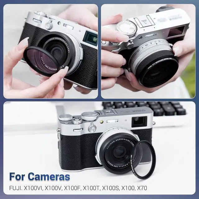 Alt view image 2 of 7 - Deluxe Lens Filter Adapter Ring for Fujifilm X100VI X100V X100F X100T X100S X100 X70 Camera Install 49MM UV CPL ND Filter & Fuji FLCP-49 Lens Cap,Replace Fujifilm AR-X100 - Grid Pattern Black