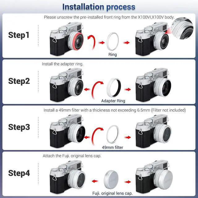 Alt view image 5 of 7 - Deluxe Lens Filter Adapter Ring for Fujifilm X100VI X100V X100F X100T X100S X100 X70 Camera Install 49MM UV CPL ND Filter & Fuji FLCP-49 Lens Cap,Replace Fujifilm AR-X100 - Grid Pattern Black