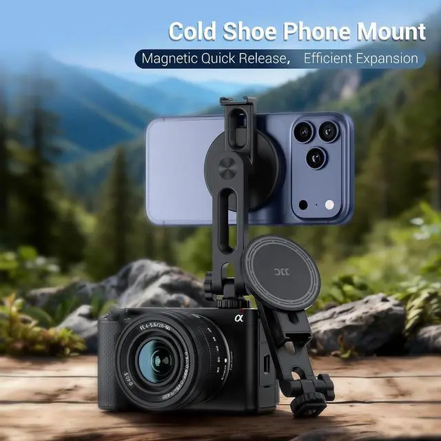 Alt view image 2 of 7 - Magnetic Camera Cold Shoe Phone Tripod Mount Holder with Rotatable Cold Shoe & 1/4"-20 Hole,Adjustable Cell Phone Tripod Adapter Attachment for Magsafe iPhone 17 16 15 14 13 12 Pro Max Live Streaming