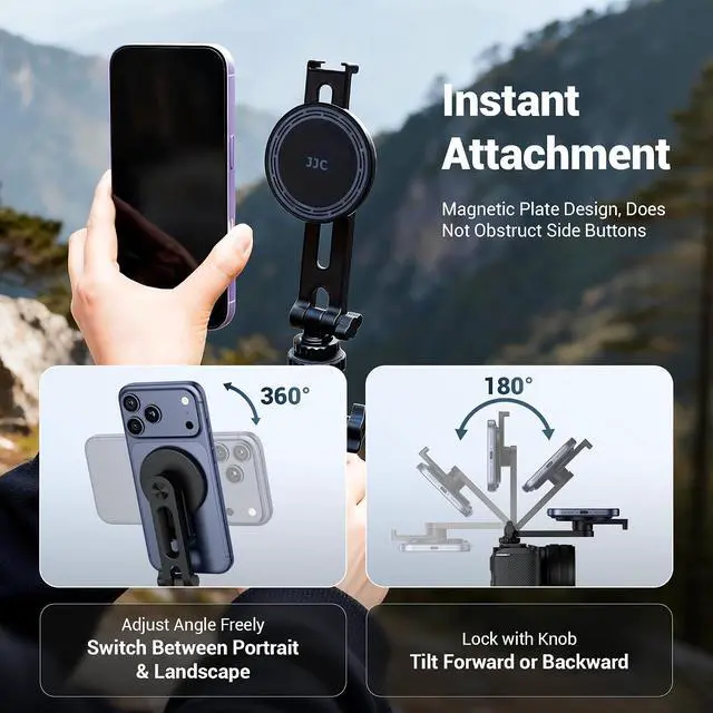 Alt view image 4 of 7 - Magnetic Camera Cold Shoe Phone Tripod Mount Holder with Rotatable Cold Shoe & 1/4"-20 Hole,Adjustable Cell Phone Tripod Adapter Attachment for Magsafe iPhone 17 16 15 14 13 12 Pro Max Live Streaming