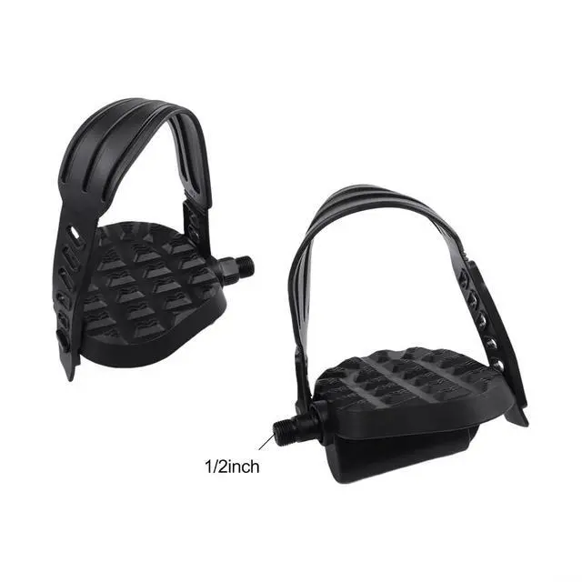 Alt view image 2 of 7 - Exercise Bike Pedals with Adjustable Straps,Anti-Slip Platform for 9/16" and 1/2" Threads, Metal and Plastic Construction for Indoor Cycling and Home Fitness, Black