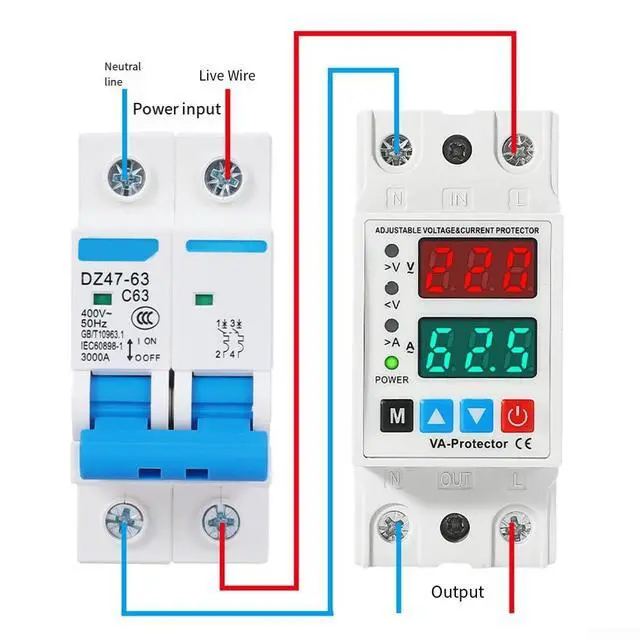 Alt view image 3 of 6 - AC 220V Adjustable Over & Under Voltage Protector with Dual LCD Display, 40A/63A Current Protection, for AC 80-300V, Rail Mountable, for Industrial Electrical Panels(40A)