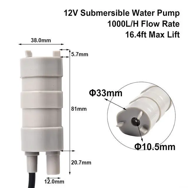 Alt view image 2 of 7 - 12V Submersible Water Pump 1000L/H For Thetford C200/C400 Toilets, Garden Sprinklers, Lawn, RV, Pond, ABS 5M Lift Grey