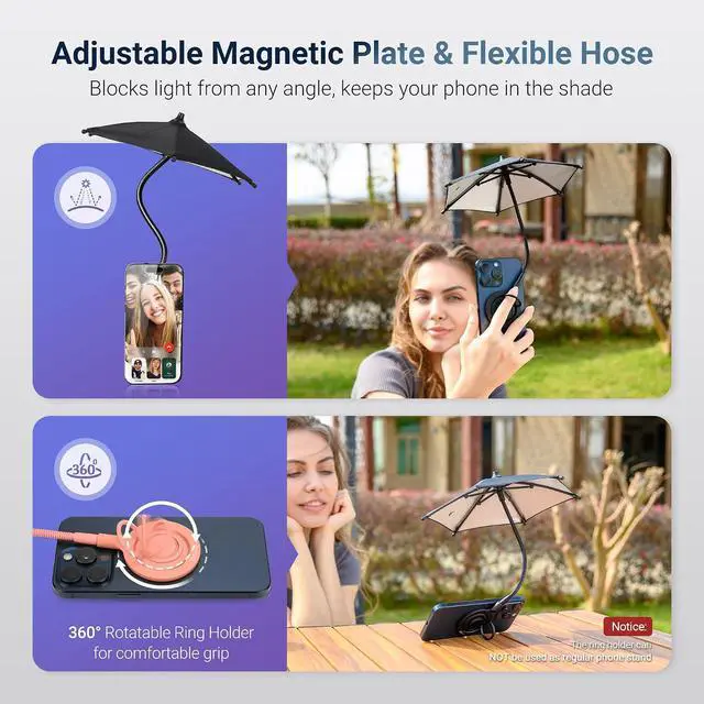 Alt view image 7 of 7 - Blue + Black2PCS Outdoor Phone Sun Shade Shield Magnetic Phone Umbrella for Sun