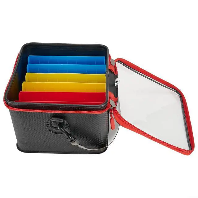 Alt view image 5 of 7 - EVA Fishing Lure Storage Bucket, 48 Slot Squid Jig Case with Clear Top & Drain Holes, Saltwater Tackle Box Bag for Boats (Black, 6 Dividers)