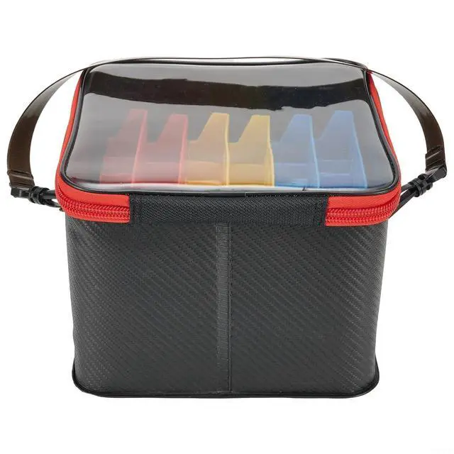 Alt view image 7 of 7 - EVA Fishing Lure Storage Bucket, 48 Slot Squid Jig Case with Clear Top & Drain Holes, Saltwater Tackle Box Bag for Boats (Black, 6 Dividers)
