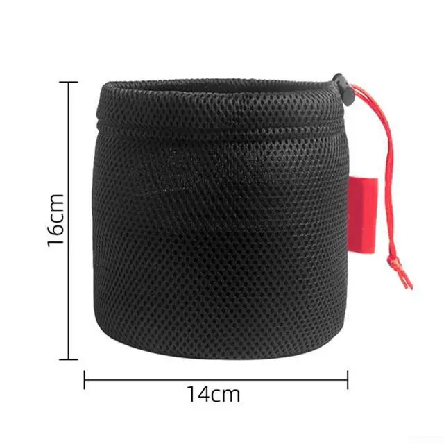 Alt view image 2 of 5 - Mesh Storage Bag for Camping, Breathable Anti-Collision Pot Pouch with Drawstring, Lightweight Outdoor Gear Organizer for Cookware Tableware and Water Bucket, Black (14 * 16cm)