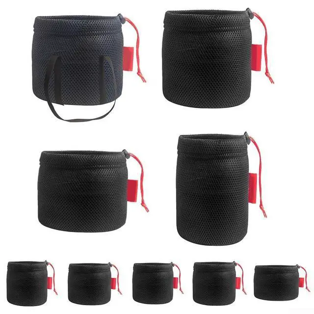 Alt view image 4 of 5 - Mesh Storage Bag for Camping, Breathable Anti-Collision Pot Pouch with Drawstring, Lightweight Outdoor Gear Organizer for Cookware Tableware and Water Bucket, Black (28 * 26cm)