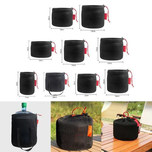Alt view image 3 of 5 - Mesh Storage Bag for Camping, Breathable Anti-Collision Pot Pouch with Drawstring, Lightweight Outdoor Gear Organizer for Cookware Tableware and Water Bucket, Black (28 * 26cm)
