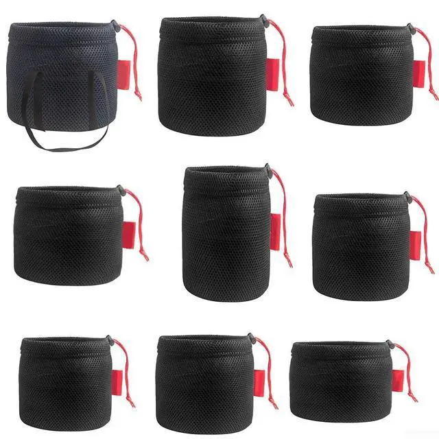 Alt view image 5 of 5 - Mesh Storage Bag for Camping, Breathable Anti-Collision Pot Pouch with Drawstring, Lightweight Outdoor Gear Organizer for Cookware Tableware and Water Bucket, Black (28 * 26cm)