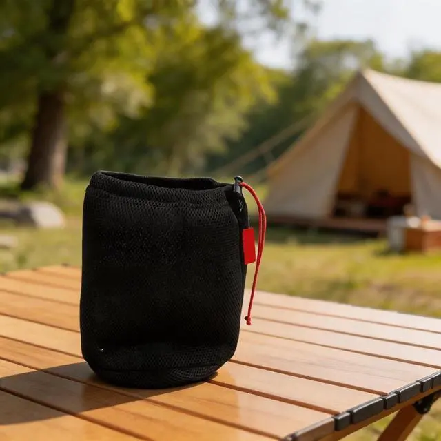 Alt view image 4 of 7 - Mesh Storage Bag for Camping, Breathable Anti-Collision Pot Pouch with Drawstring, Lightweight Outdoor Gear Organizer for Cookware Tableware and Water Bucket, Black (26 * 18cm)