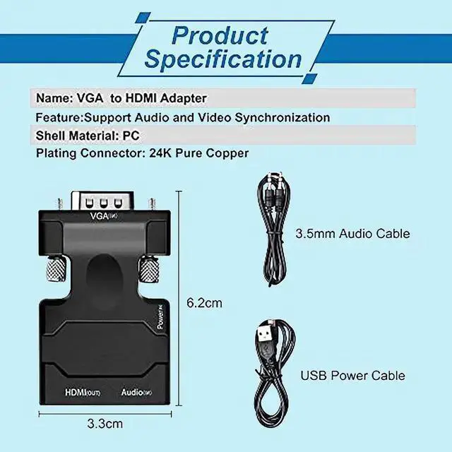 Alt view image 7 of 7 - AV Converter WISDUM VGA to HDMI Adapter VGA to HDMI Video Converter Adapter VGA Male to Female HDMI with Audio for TV Computer Projector(Including Power and Audio Cable)