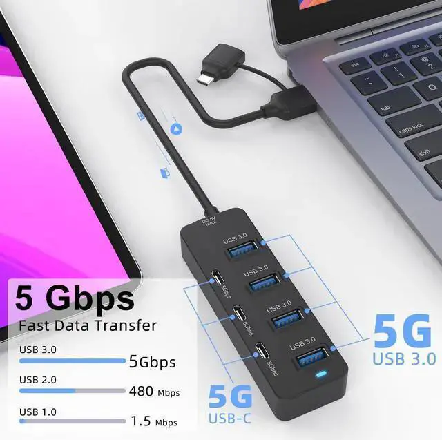 Alt view image 2 of 7 - WISDUM USB C Hub, 5Gbps 7 Ports with 3* USB C 3.0 and 4* USB 3.0 Hub, USB hub with USB c and USB a multiport Adapter Compatible with Thunderbolt3/4,, iMac, Surface Pro and More USB/USB C Devices