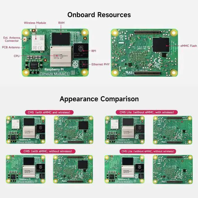 Alt view image 5 of 7 - IoT Board WISDUM CM5 Pi Compute Module 5, Comes with an Official Raspberry Pi CM5108000 (with Wireless, 8GB RAM, 0GB (Lite) eMMC Flash), an Antenna Kit and a HEATSINK (3 Items)