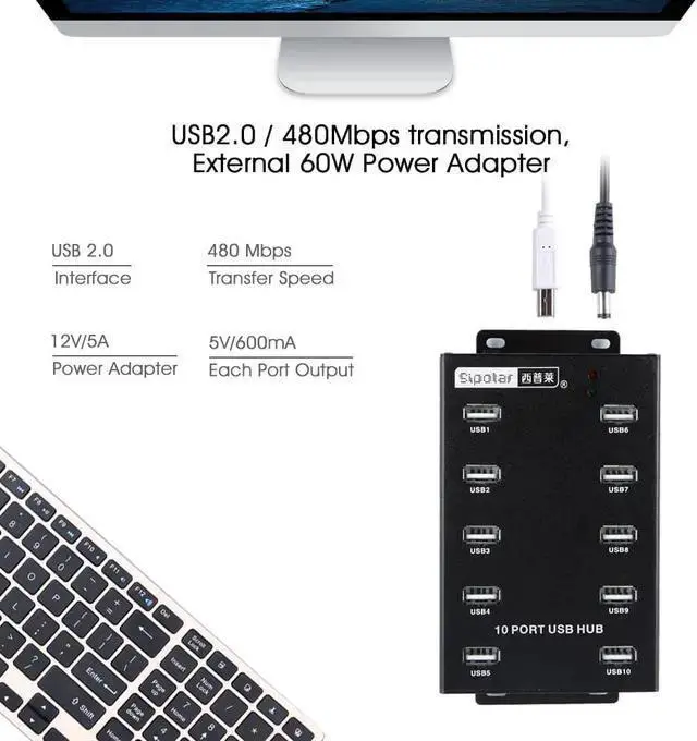Alt view image 2 of 7 - USB Hub WISDUM A-300 metal 10 Ports USB 2.0 Powered Hub -USB Extension Splitter for Bitcoin Minings with 12V 5A 60W Power Adapter On/Off Switch Din-Rail