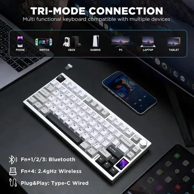 Alt view image 4 of 7 - USB Keyboard WISDUM YUNZII AL80 Wireless Mechanical Keyboard,Full Aluminum CNC, Smart LCD Display,Hot Swappable Gasket Mount 75% Layout with Knob,BT/2.4G/USB-C,QMK/VIA Support for Win/Mac (Silver, Coc