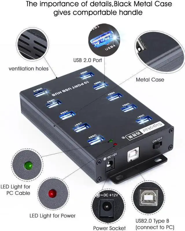 Alt view image 4 of 7 - USB Hub WISDUM A-300 metal 10 Ports USB 2.0 Powered Hub -USB Extension Splitter for Bitcoin Minings with 12V 5A 60W Power Adapter On/Off Switch Din-Rail