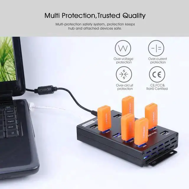 Alt view image 3 of 7 - USB Hub WISDUM A-300 metal 10 Ports USB 2.0 Powered Hub -USB Extension Splitter for Bitcoin Minings with 12V 5A 60W Power Adapter On/Off Switch Din-Rail