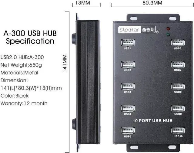Alt view image 5 of 7 - USB Hub WISDUM A-300 metal 10 Ports USB 2.0 Powered Hub -USB Extension Splitter for Bitcoin Minings with 12V 5A 60W Power Adapter On/Off Switch Din-Rail