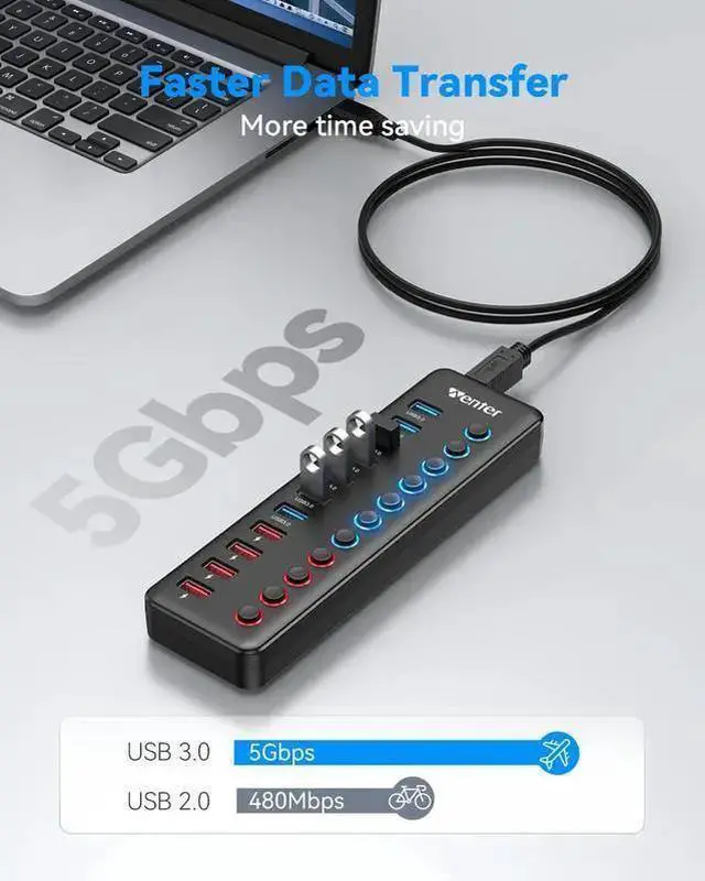 Alt view image 4 of 7 - WISDUM Powered USB 3.0 Hub Wenter 11-Port USB Hub Splitter (7 Faster Data Transfer Ports+ 4 Smart Charging Ports) with Individual LED On/Off Switches USB Hub 3.0 Powered with Power Adapter for Mac PC