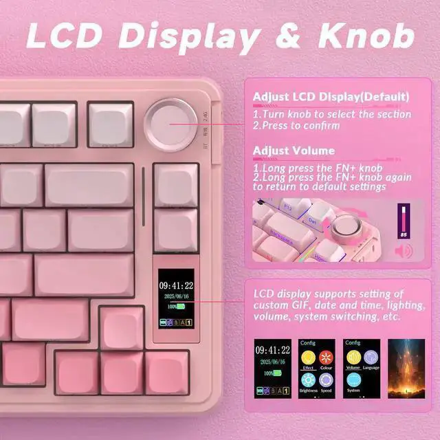 Alt view image 3 of 7 - USB Keyboard WISDUM AULA S75 PRO Wireless Mechanical Keyboard with Screen&Knob, Tri-Mode Hot Swappable Gaming Keyboard 75%, Pre-lubed Switches, RGB Backlit, Side Printed PBT Keycaps, Creamy Sounding C