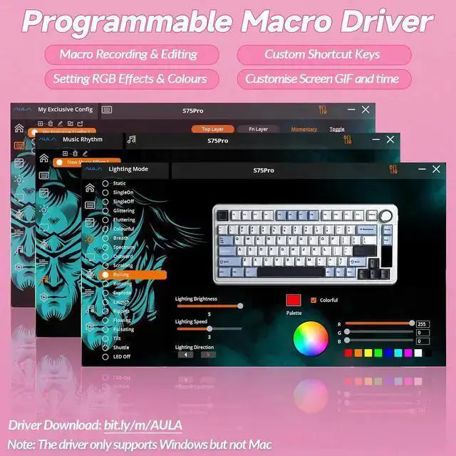 Alt view image 7 of 7 - USB Keyboard WISDUM AULA S75 PRO Wireless Mechanical Keyboard with Screen&Knob, Tri-Mode Hot Swappable Gaming Keyboard 75%, Pre-lubed Switches, RGB Backlit, Side Printed PBT Keycaps, Creamy Sounding C