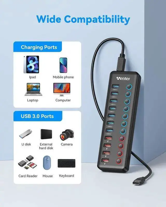 Alt view image 6 of 7 - WISDUM Powered USB 3.0 Hub Wenter 11-Port USB Hub Splitter (7 Faster Data Transfer Ports+ 4 Smart Charging Ports) with Individual LED On/Off Switches USB Hub 3.0 Powered with Power Adapter for Mac PC