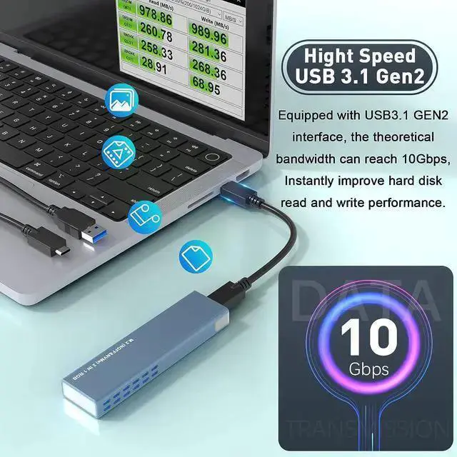Alt view image 2 of 7 - USB Hub WISDUM M.2 NVMe and SATA SSD Enclosure Tool-Free, 10Gbps USB 3.1 Gen2 Aluminum M.2 NVME NGFF SSD Enclosure, RGB NVMe SSD Enclosure Supports M and B&M Keys 2280/2230/ 2242/2260 SSDs(with USB C