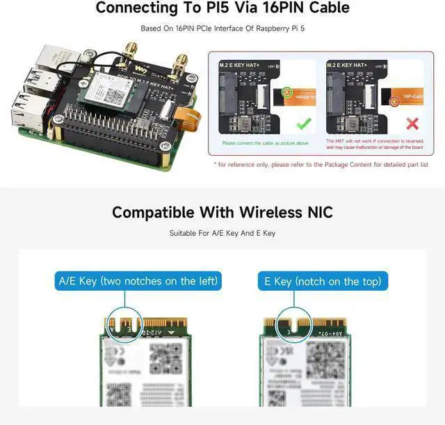 Alt view image 4 of 7 - IoT Board WISDUM Waveshare PCIe to M.2 E Key HAT, Compatible with Raspberry Pi 5, Support Various NGFF (M.2 E Key) Wireless NIC, Supports USB Bluetooth Connection and HAT+ Standard, Raspberry Pi 5 PCI