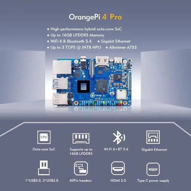 Alt view image 3 of 7 - IoT Board WISDUM Orange Pi 4 Pro 4GB/6GB/8GB/12GB LPDDR5 Allwinner A733 8-Core Single Board Computer with 3 Tops NPU, WiFi 6/Bluetooth 5.4,Development Board with eMMC Socket Run Ubuntu/Debian/Android