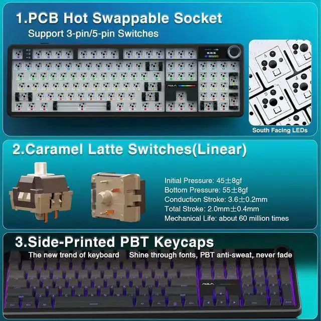 Alt view image 5 of 7 - USB Keyboard WISDUM AULA F108 PRO - Wireless Mechanical Keyboard with Screen & Knob,Full Size Keyboard with 8000mAh Battery,Pre-lubed Switches,Side Printed PBT Keycaps,RGB Backlit Hot Swappable Custom