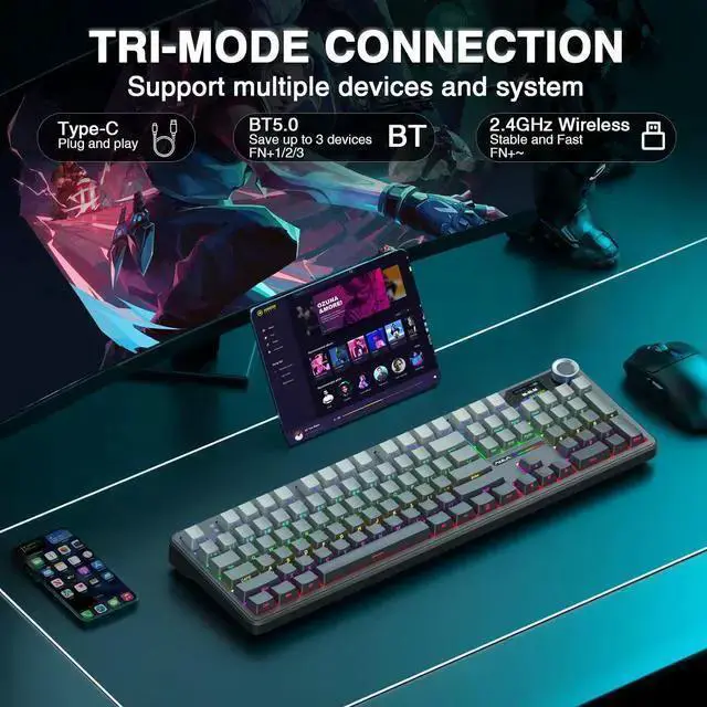 Alt view image 4 of 7 - USB Keyboard WISDUM AULA F108 PRO - Wireless Mechanical Keyboard with Screen & Knob,Full Size Keyboard with 8000mAh Battery,Pre-lubed Switches,Side Printed PBT Keycaps,RGB Backlit Hot Swappable Custom