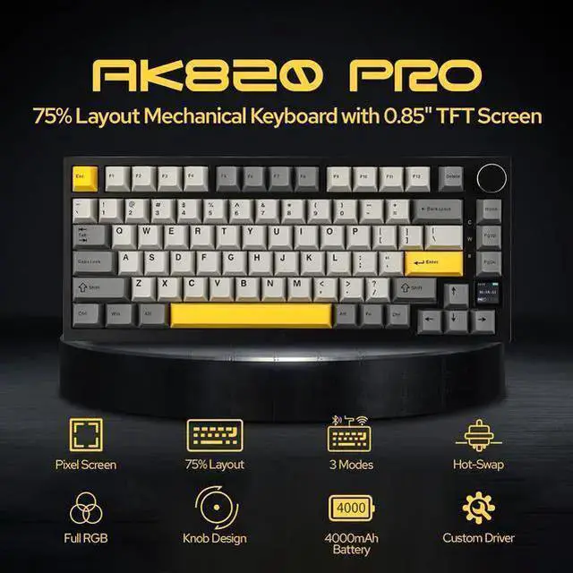 Main image of USB Keyboard WISDUM EPOMAKER Ajazz AK820 Pro 75% Mechanical Keyboard, Gasket-Mounted Gaming Keyboard with TFT Smart Display&Knob, Bluetooth 5.1/2.4G Wireless/Type-C Wired Custom Keyboard (Grey, Gift S