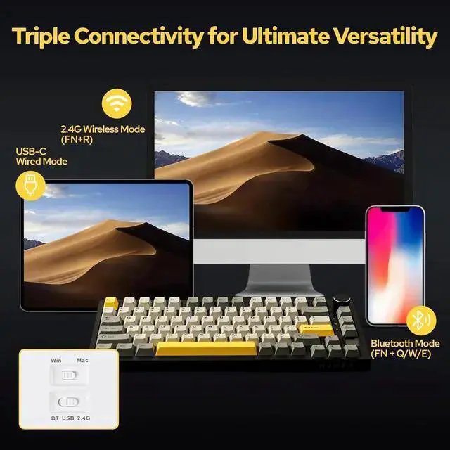 Alt view image 3 of 6 - USB Keyboard WISDUM EPOMAKER Ajazz AK820 Pro 75% Mechanical Keyboard, Gasket-Mounted Gaming Keyboard with TFT Smart Display&Knob, Bluetooth 5.1/2.4G Wireless/Type-C Wired Custom Keyboard (Grey, Gift S