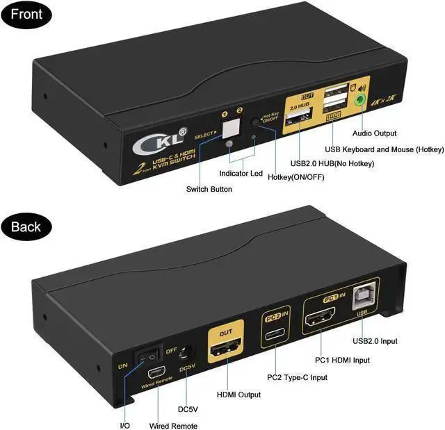 Alt view image 2 of 7 - KVM Switch HDMI WISDUM CKL 2 Port USB Type C + HDMI KVM Switch 4K 60Hz for 2 Computers Sharing 1 Monitor, Keyboard and Mouse, with Audio Support and Cables CKL-62TH