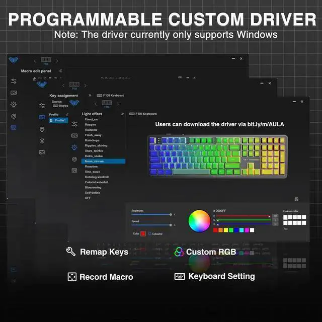 Alt view image 6 of 6 - USB Keyboard WISDUM AULA F108 Wireless Mechanical Keyboard, Full Size Gaming Keyboard with Number Pad, Side Printed PBT Keycaps, Pre-lubed Switches, RGB Backlit, Hot Swappable Creamy Sounding Computer