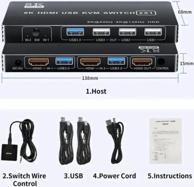 Alt view image 6 of 6 - KVM Switch HDMI WISDUM HDMI 2.1 KVM Switch 4K 120Hz HDMI USB KVM Switch Dual Port USB HDMI 2.1 Switcher 2X1 4K 60Hz 8K 60Hz(check remarks) (4K 60Hz No Hotkey)