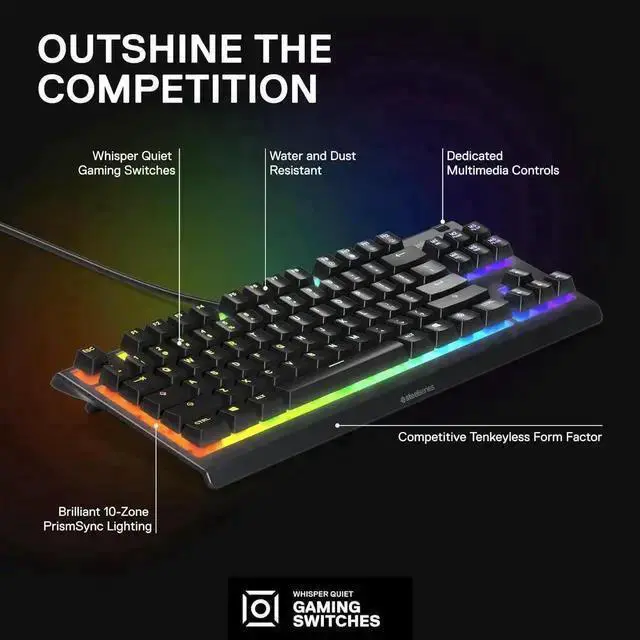 Alt view image 4 of 7 - USB Keyboard WISDUM Apex 3 TKL RGB Gaming Keyboard Compact Tenkeyless Design, 8-Zone RGB, IP32 Water & Dust Resistant, Whisper Quiet Switches, Anti-Ghosting Black