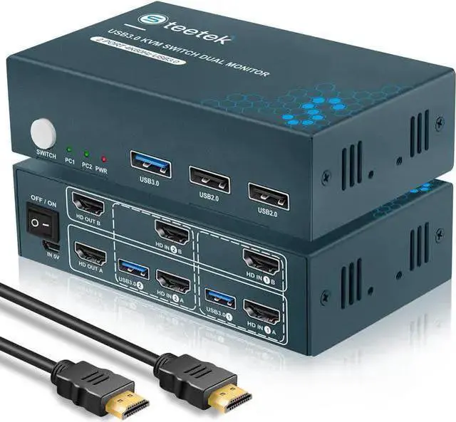Main image of KVM Switch HDMI WISDUM Steetek USB 3.0 Kvm Switch Dual Monitor HDMI 2 Port, Kvm Switch 4K@60Hz 2 Computers Share 2 Monitors and 1 Keyboard Mouse, HDMI Kvm Switch Dual Display, Button Switch with 2 USB