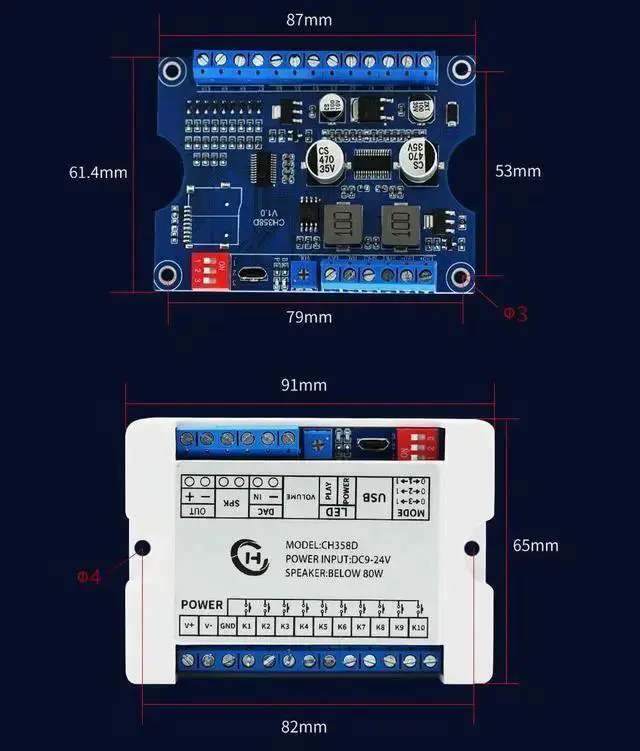 Alt view image 5 of 7 - Gadget WISDUM 80W Vocie Playback Module,CH358D Low Lever Trigger 8MB DC 9-24V Sound Board with Case,Support USB Download,MP3 Hardware Decoding,10-Way Button One-to-One,8 Combined Playback for Industry