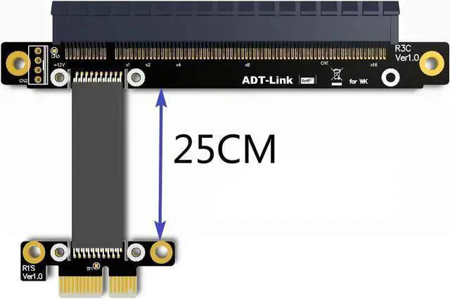 Alt view image 3 of 4 - Gadget WISDUM ADT-LINK Riser PCI-E 3.0 16x to x1 PCIe x16 x1 PCI Express Riser Mining Graphics Card Extension Cable R13SC 25cm with Power Line (with Power Cable)