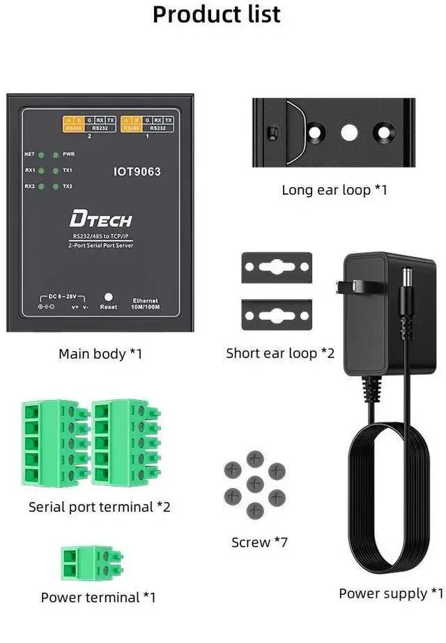 Alt view image 7 of 7 - WISDUM DTECH IOT9063 Industrial 2-Port Serial to Ethernet Server - RS232/485 to TCP/IP Converter with Dual-Channel Support