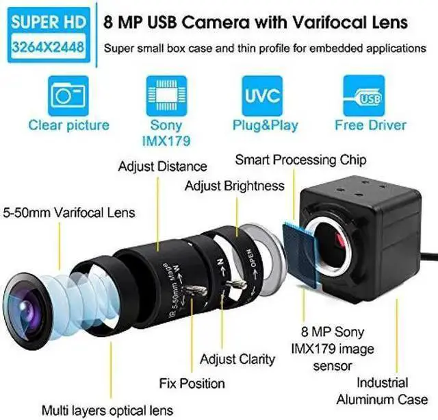Alt view image 2 of 5 - WISDUM 8MP Webcam 5-50mm Varifocal Lens USB Camera for Indoor Outdoor Super HD 3264X2448 Embeded Camera for Industrial,USB with Camera for Linux Windows Android Mini Web Cam Plug&Play OTG Supported We
