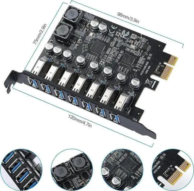 Alt view image 2 of 6 - Gadget WISDUM Pcie USB Card Pcie USB 3.0, 7 Port Pcie Expansion Card 7 Ports USB 3.0 5Gbps High Speed Transmission Stable Power USB 3.0 Front Expansion Card