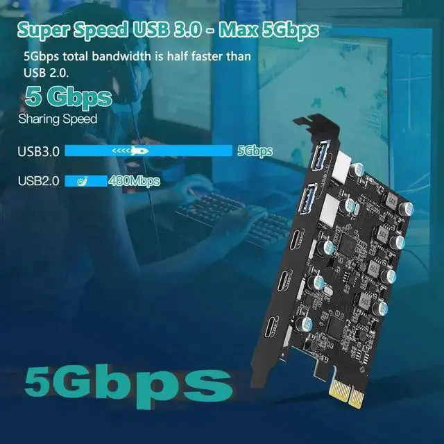 Alt view image 2 of 7 - WISDUM 5 Ports (3X USB C - 2X USB A) USB PCI Express Card PCIe, 5Gbps High Speed USB3.0 PCI-EX1 X4 X8 X16 Adapter Converter for Desktop PC, for XP, WIN7, WIN8, WIN8.1, WIN10