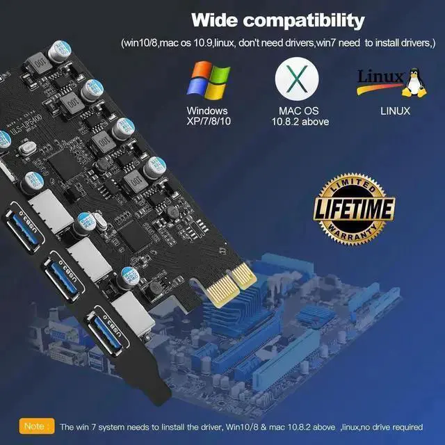 Alt view image 3 of 7 - WISDUM 5 Ports (3X USB C - 2X USB A) USB PCI Express Card PCIe, 5Gbps High Speed USB3.0 PCI-EX1 X4 X8 X16 Adapter Converter for Desktop PC, for XP, WIN7, WIN8, WIN8.1, WIN10