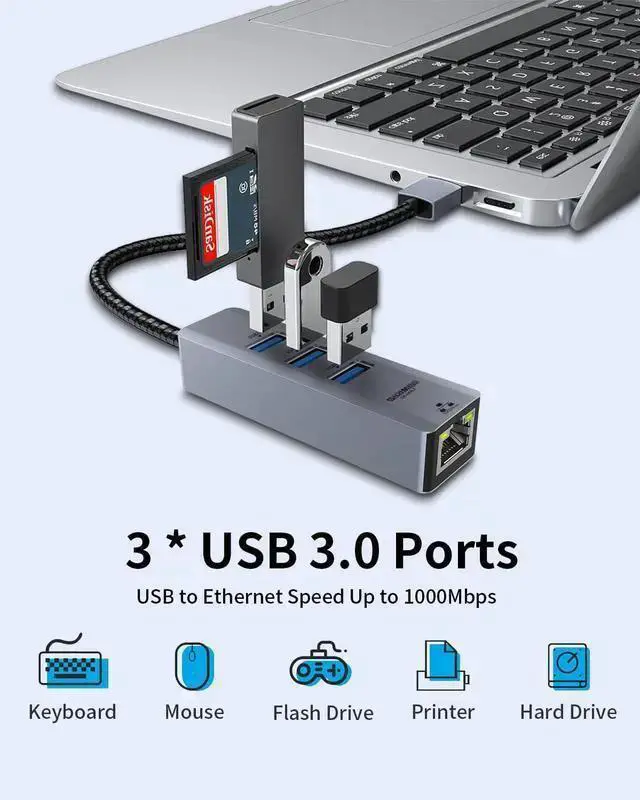 Alt view image 4 of 7 - Wireless Adapter WISDUM USB 3.0 to Ethernet Adapter, 4-in-1 USB LAN Ethernet Adapter for Laptop, USB RJ45 Hub with 3*USB 3.0 to Gigabit 1000Mbps, Support Windows, Mac OS, Surface Pro, Switch, Linux, X