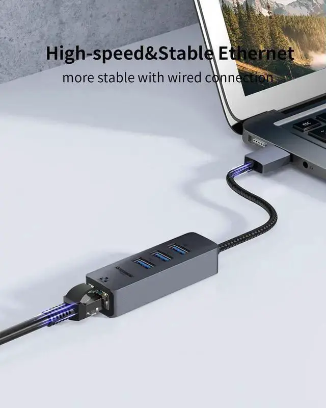 Alt view image 6 of 7 - Wireless Adapter WISDUM USB 3.0 to Ethernet Adapter, 4-in-1 USB LAN Ethernet Adapter for Laptop, USB RJ45 Hub with 3*USB 3.0 to Gigabit 1000Mbps, Support Windows, Mac OS, Surface Pro, Switch, Linux, X